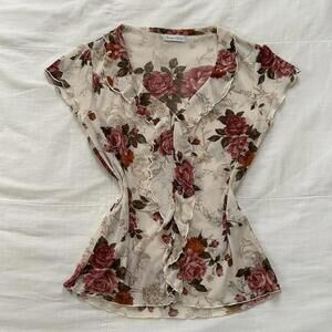 Rosa Cherie cream semi sheer floral blouse with pink roses print from Japan